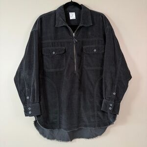 AERIE Small Charcoal Gray Thin Wale Corduroy 1/2 Zip Oversize Pullover Raw Hem